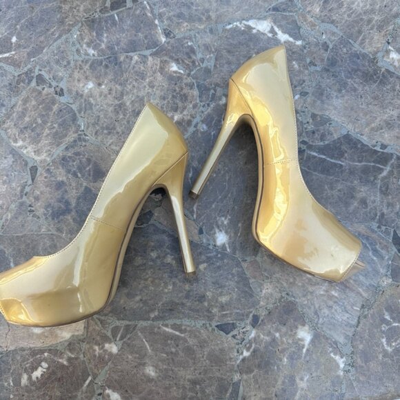 Enzo Angiolini Inner Platform Pump Shoes Peep Toe Tan Patent Leather - 7.5 - Picture 2 of 5